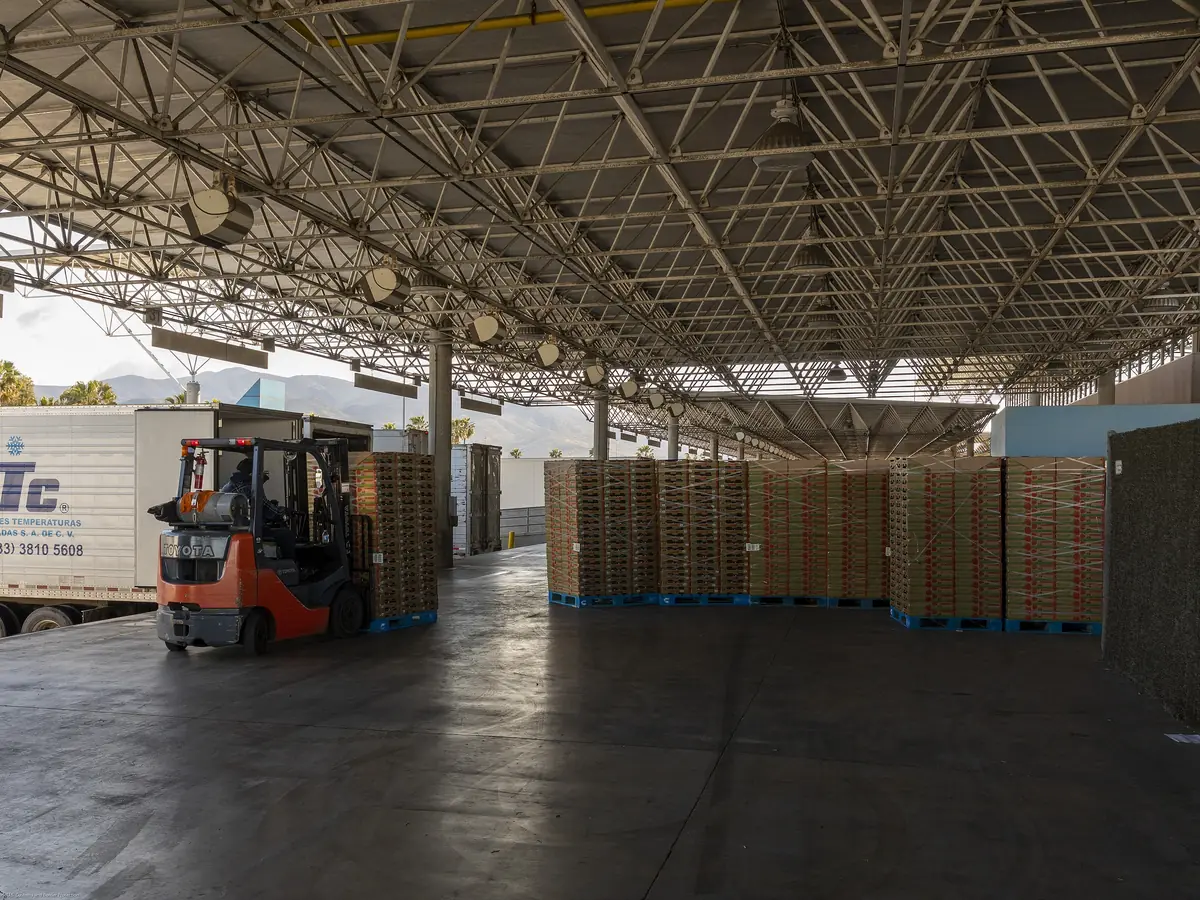 Montacargas moviendo tarimas dentro de un almacén